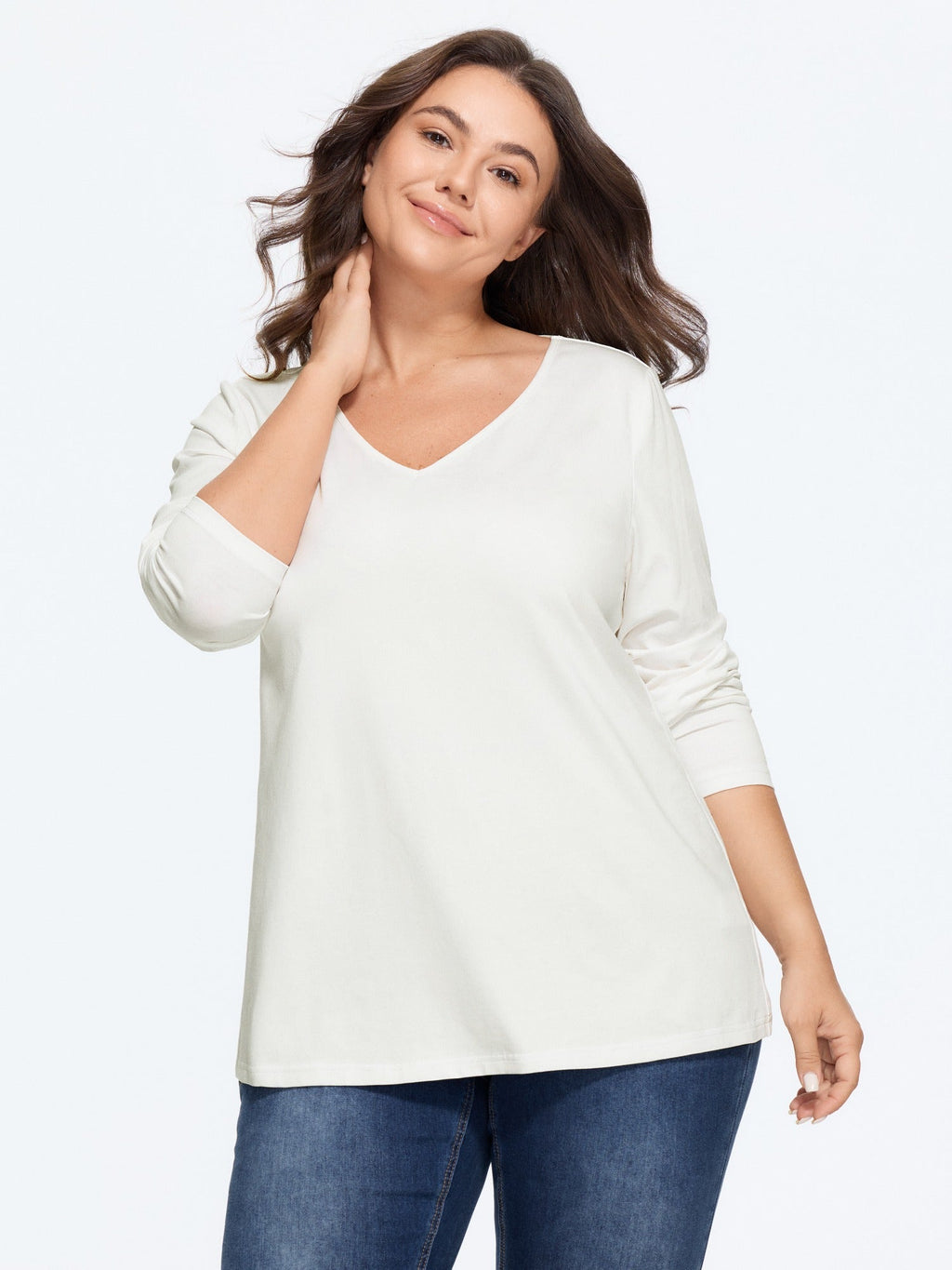 Cotton Stretch V‑Neck Long Sleeve T‑Shirt