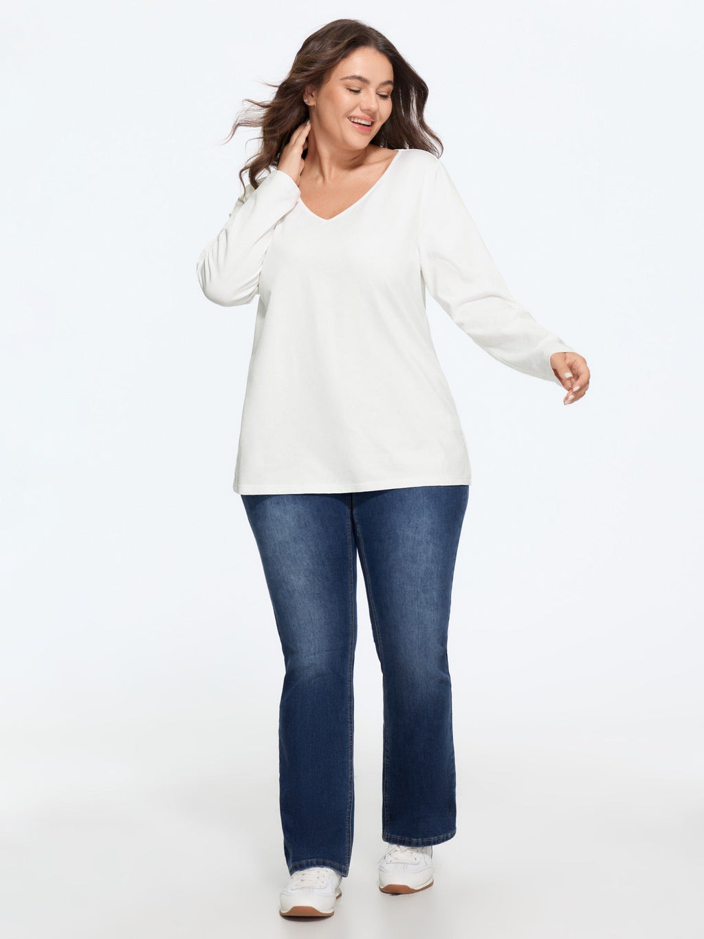 Cotton Stretch V‑Neck Long Sleeve T‑Shirt