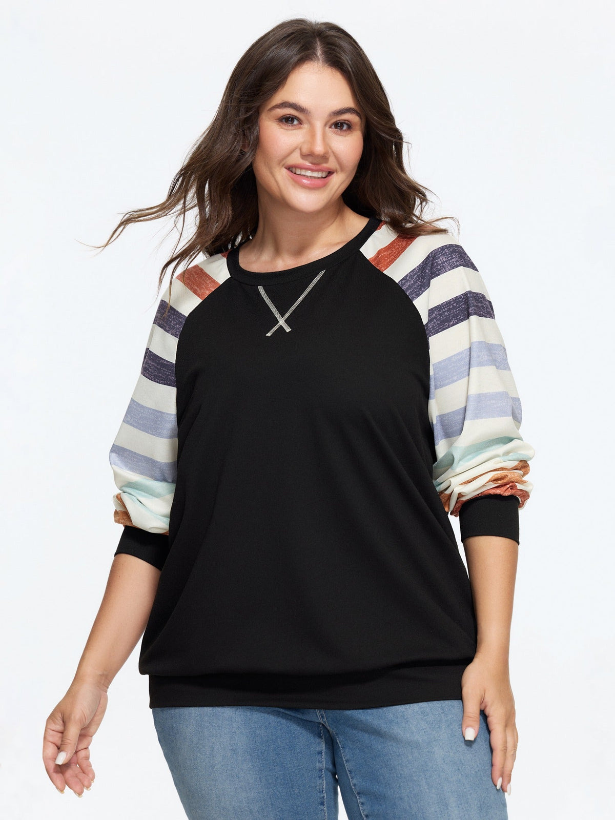 Supersoft Colorful Striped Sleeve Criss‑Cross Stitch Sweatshirt