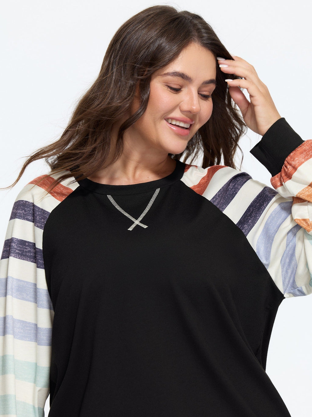 Supersoft Colorful Striped Sleeve Criss‑Cross Stitch Sweatshirt