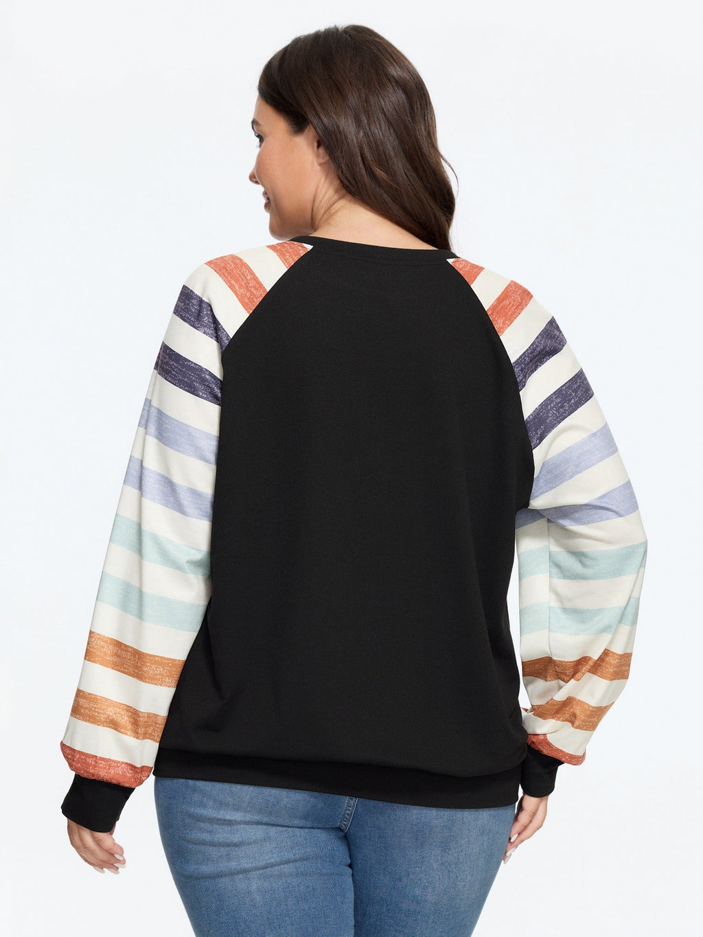 Supersoft Colorful Striped Sleeve Criss‑Cross Stitch Sweatshirt
