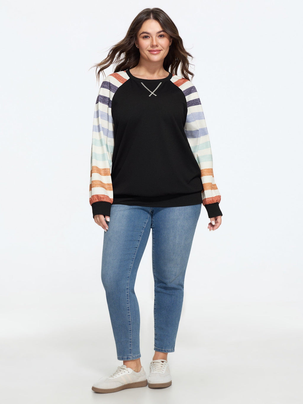 Supersoft Colorful Striped Sleeve Criss‑Cross Stitch Sweatshirt