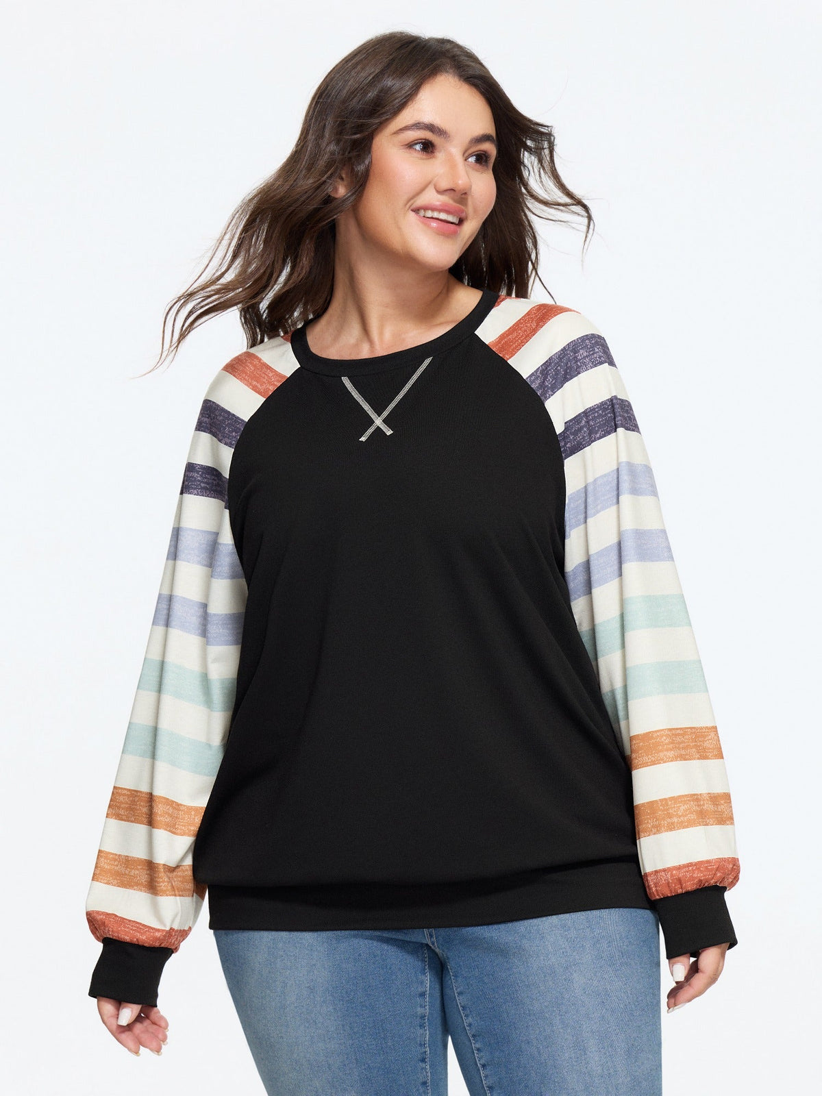 Supersoft Colorful Striped Sleeve Criss‑Cross Stitch Sweatshirt