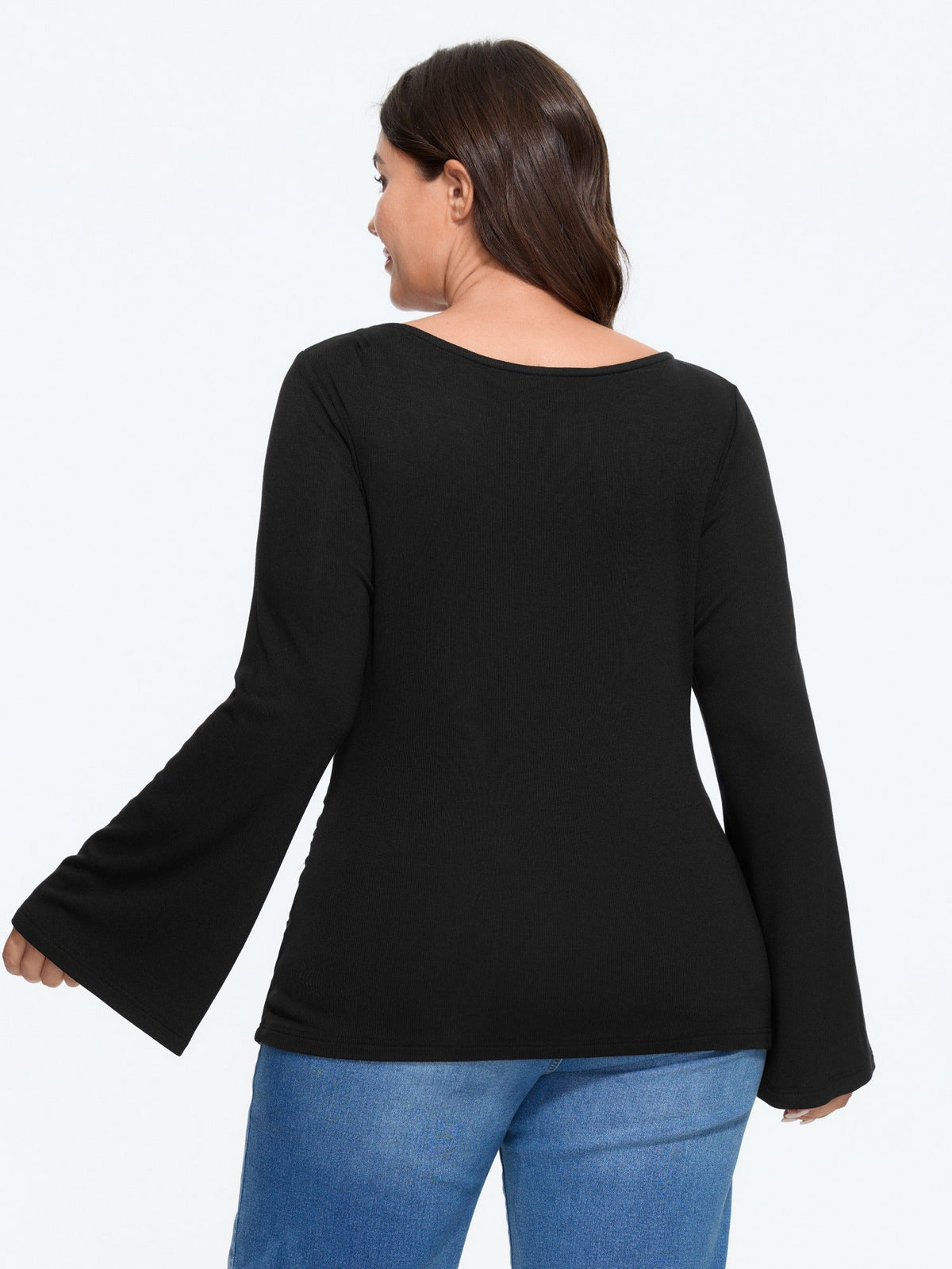 Stretchy Boat Neck Flare Sleeve Fitted T-Shirt