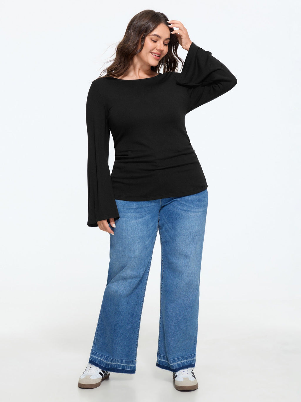 Stretchy Boat Neck Flare Sleeve Fitted T-Shirt