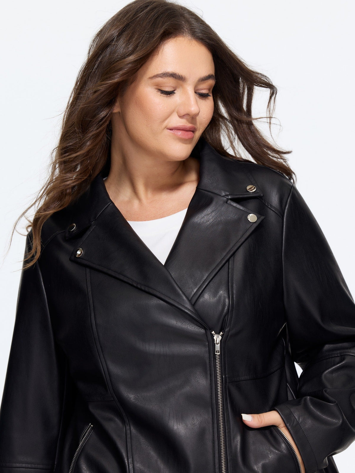 Lapel Collar Asymmetric Zipper Pocket Biker Jacket