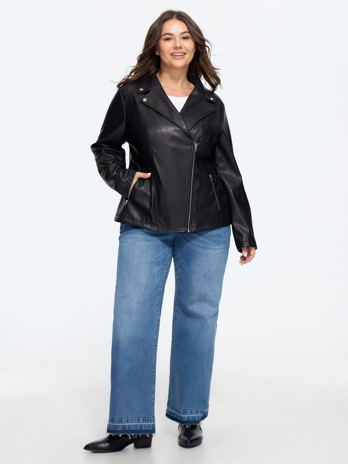 Lapel Collar Asymmetric Zipper Pocket Biker Jacket