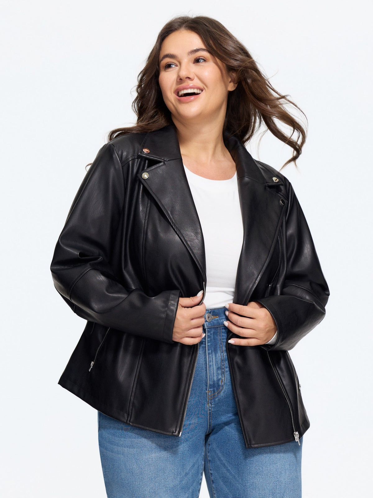 Lapel Collar Asymmetric Zipper Pocket Biker Jacket