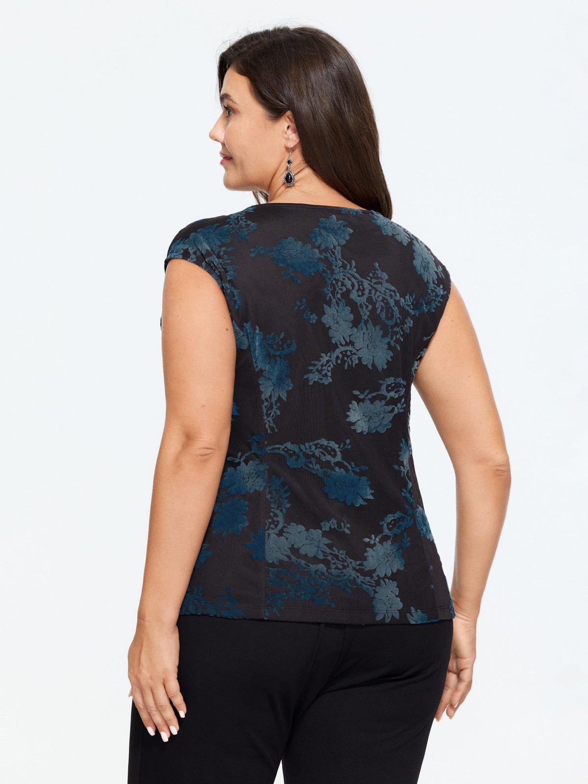 Stretch Flocked Floral Round Neck Tank Top
