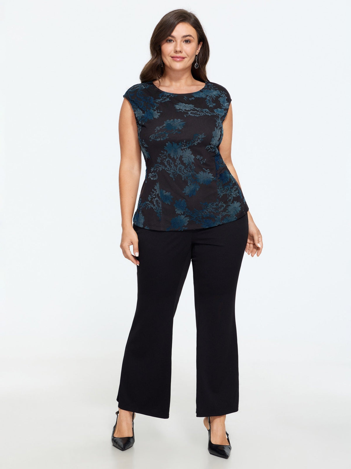 Stretch Flocked Floral Round Neck Tank Top