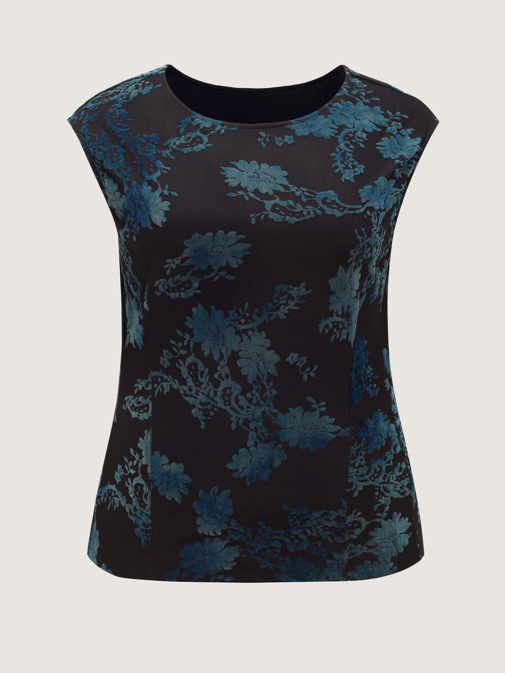 Stretch Flocked Floral Round Neck Tank Top
