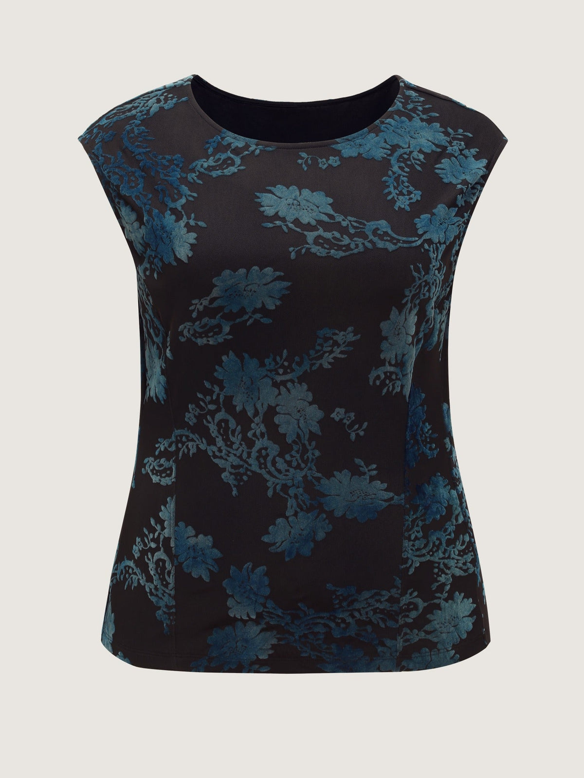 Stretch Flocked Floral Round Neck Tank Top