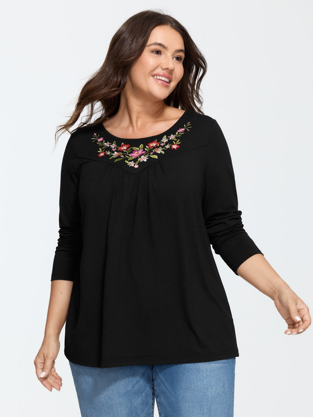 Floral Embroidered Pleated Front Long Sleeve Top