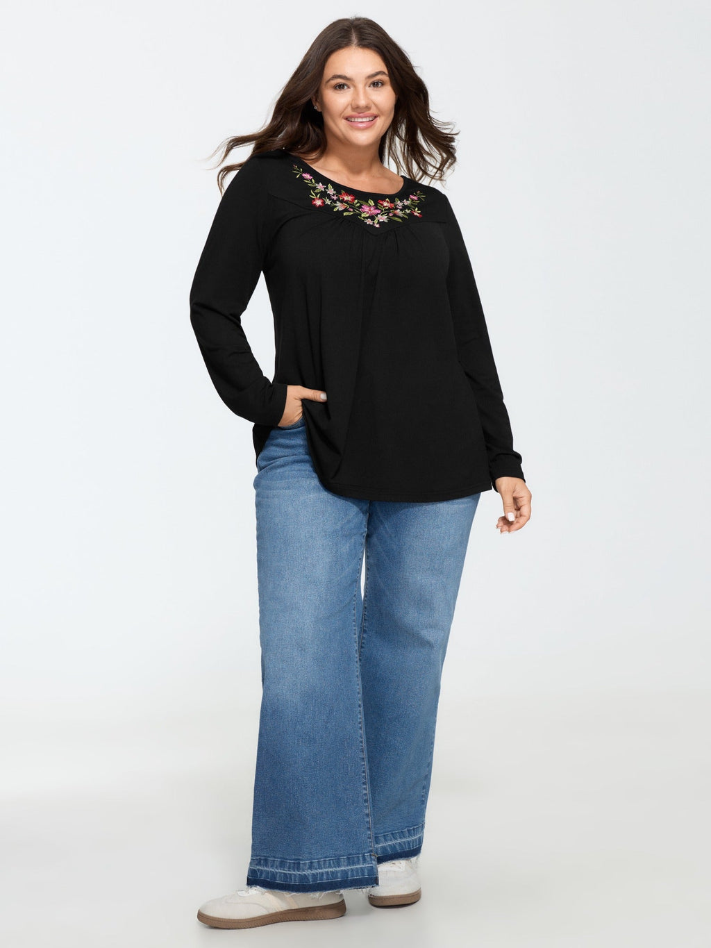Floral Embroidered Pleated Front Long Sleeve Top