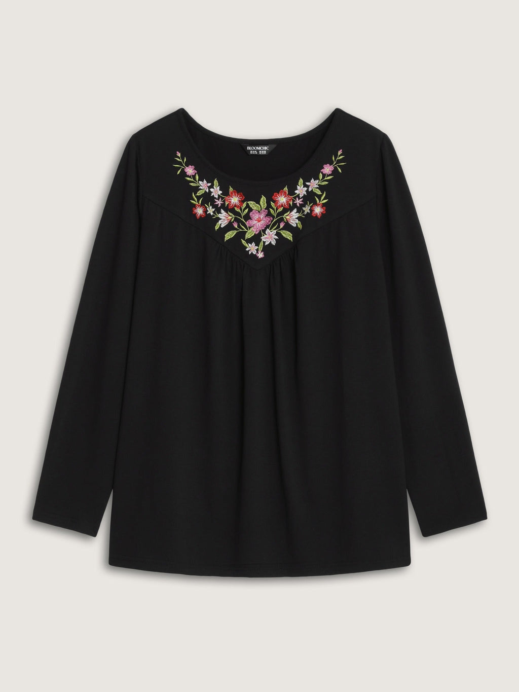 Floral Embroidered Pleated Front Long Sleeve Top