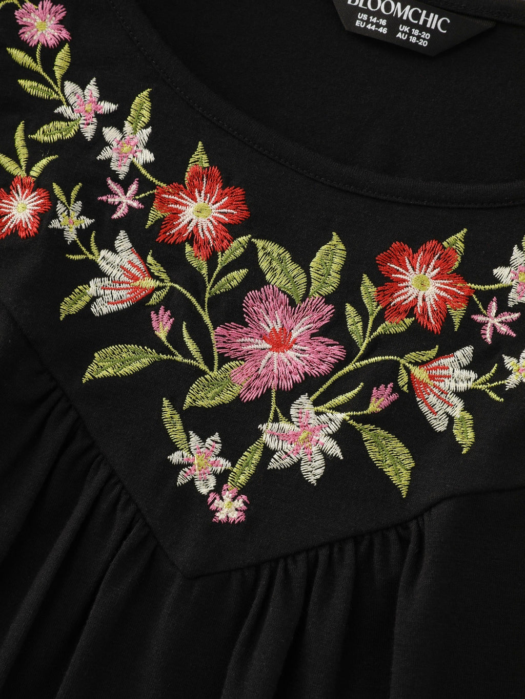 Floral Embroidered Pleated Front Long Sleeve Top