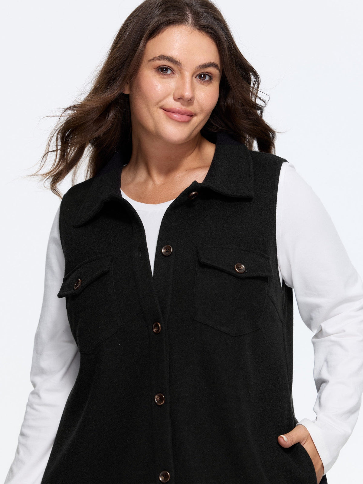 Solid Button‑Front Sleeveless Jacket