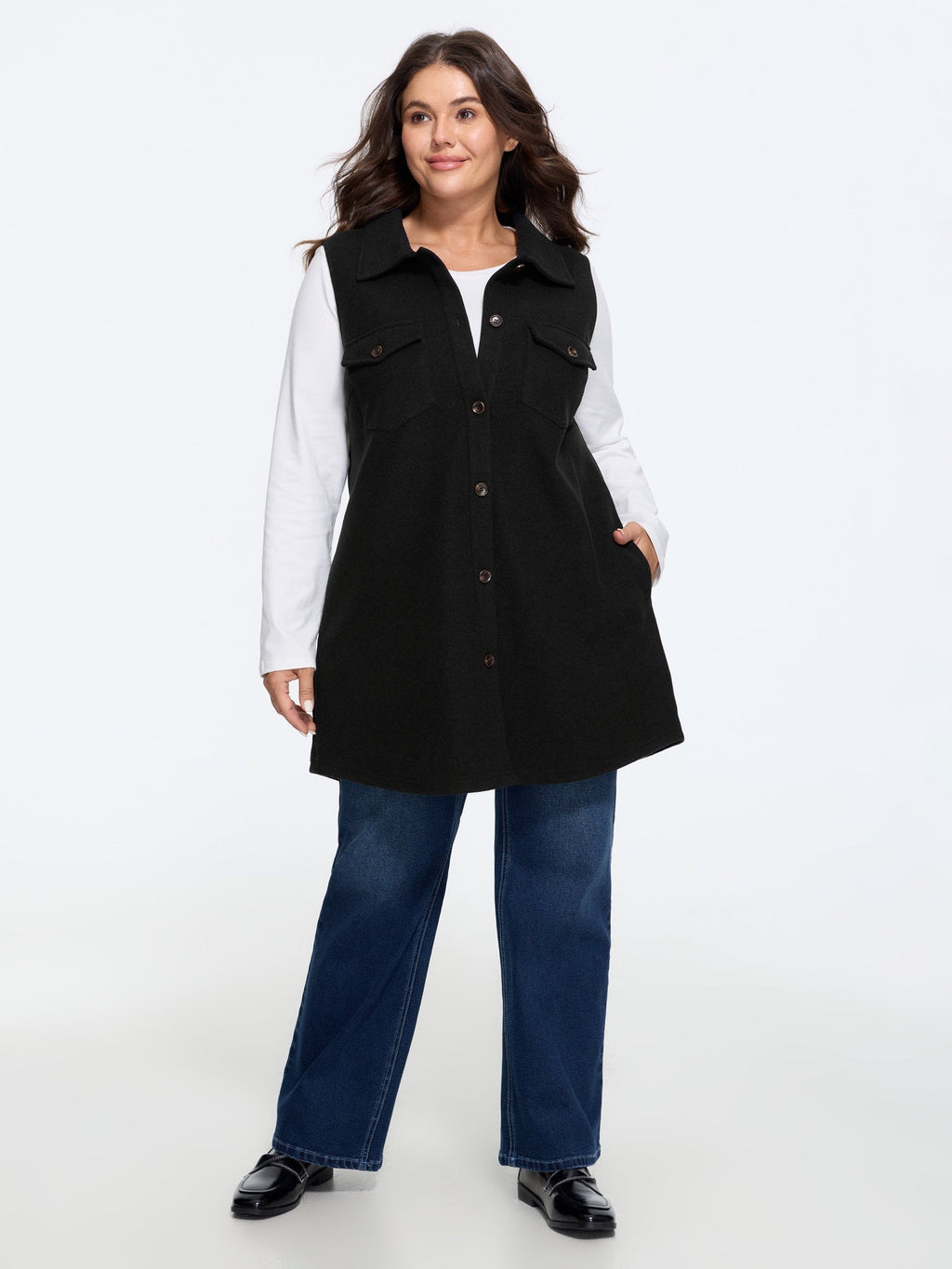 Solid Button‑Front Sleeveless Jacket