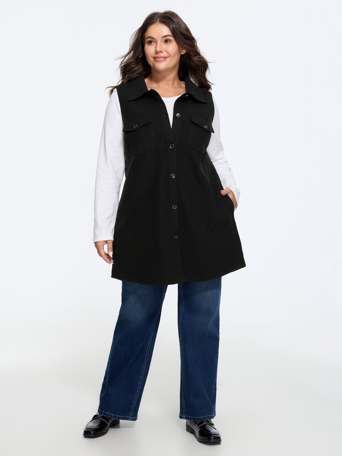 Solid Button‑Front Sleeveless Jacket