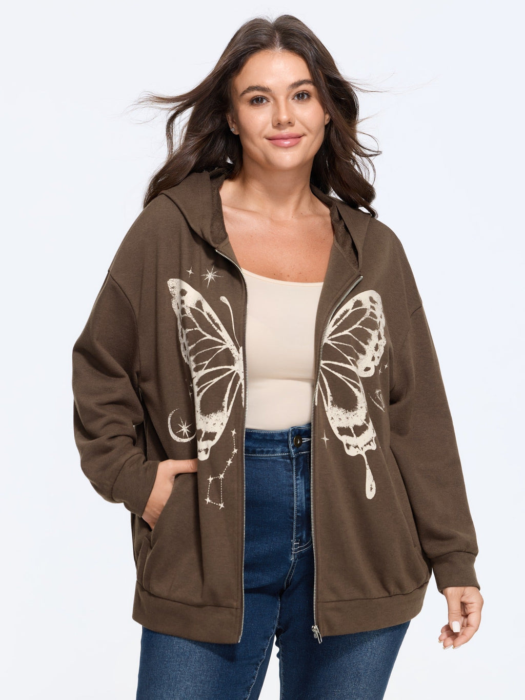 Butterfly Star Moon Print Zipper Hoodie