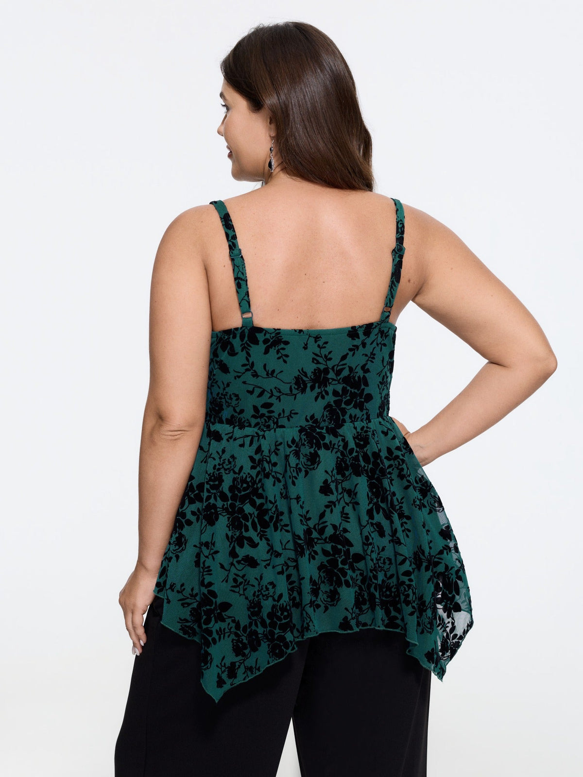 Floral Flocked Lace Trim Asymmetric Hem Tank Top