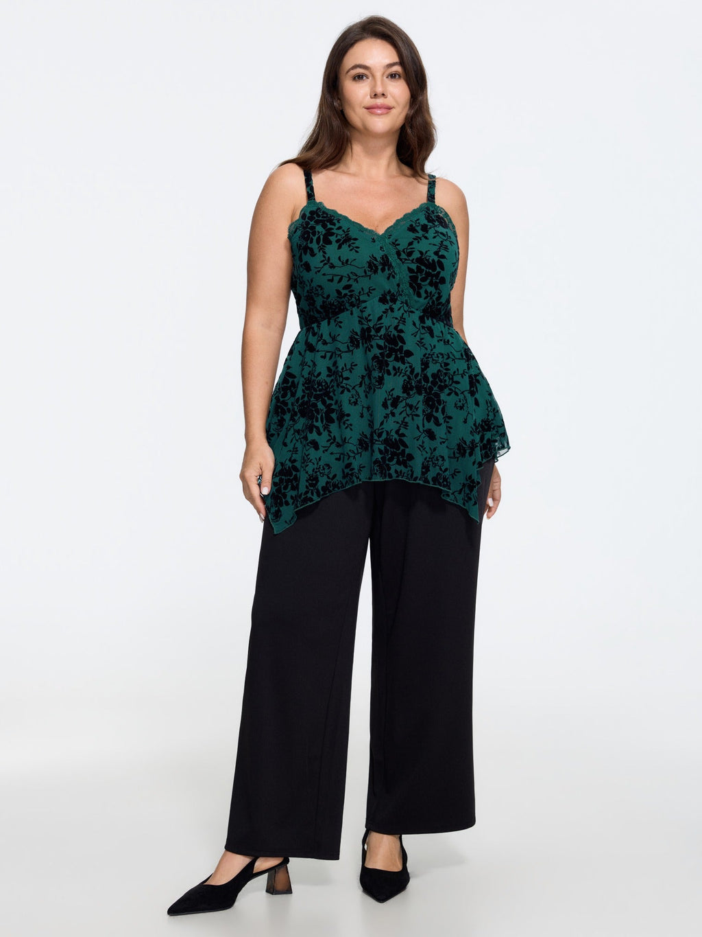 Floral Flocked Lace Trim Asymmetric Hem Tank Top