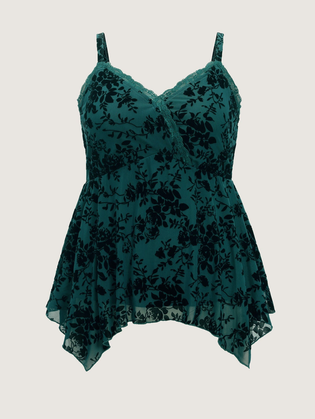 Floral Flocked Lace Trim Asymmetric Hem Tank Top