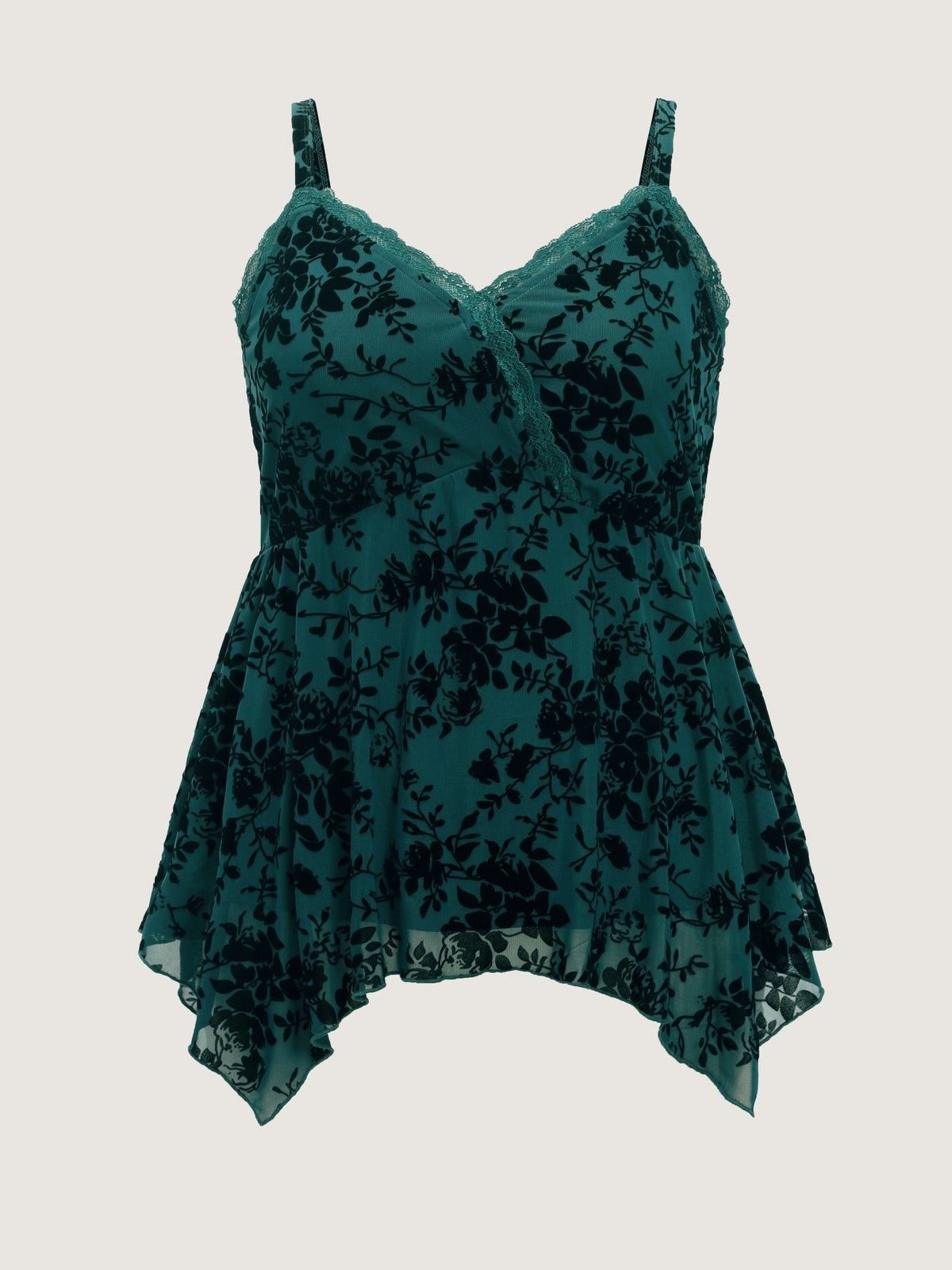 Floral Flocked Lace Trim Asymmetric Hem Tank Top