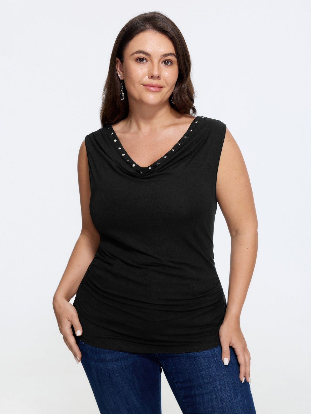 Rivet Trim Cowl Neck Ruched Side Tank Top