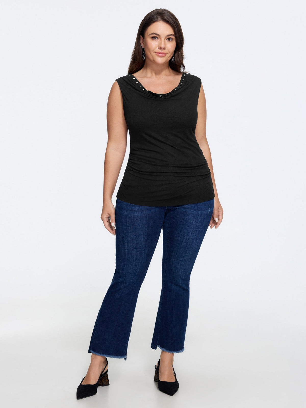 Rivet Trim Cowl Neck Ruched Side Tank Top