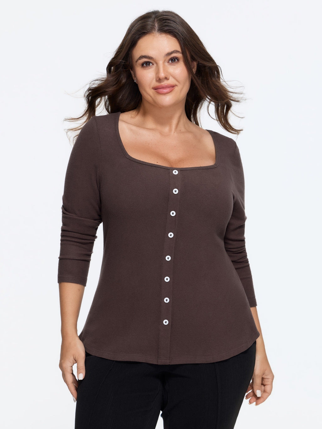 Stretchy Square Neck Button Detail T-Shirt
