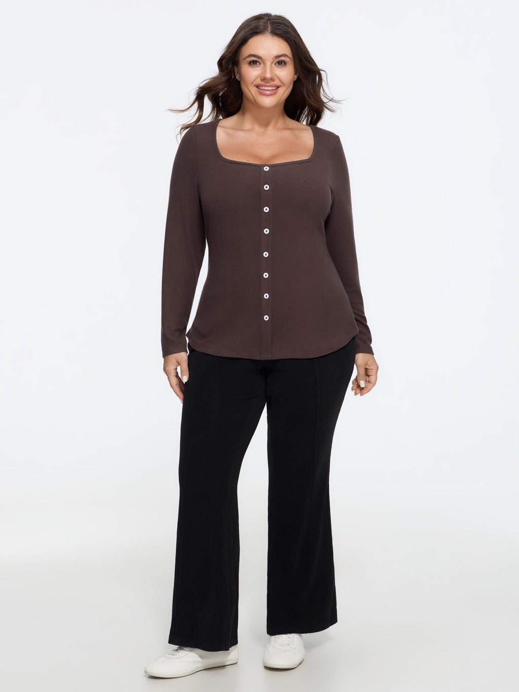 Stretchy Square Neck Button Detail T-Shirt