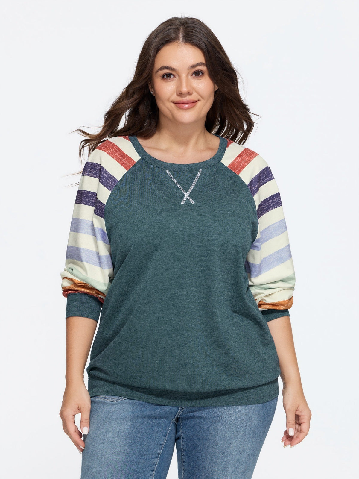 Supersoft Colorful Striped Sleeve Criss‑Cross Stitch Sweatshirt