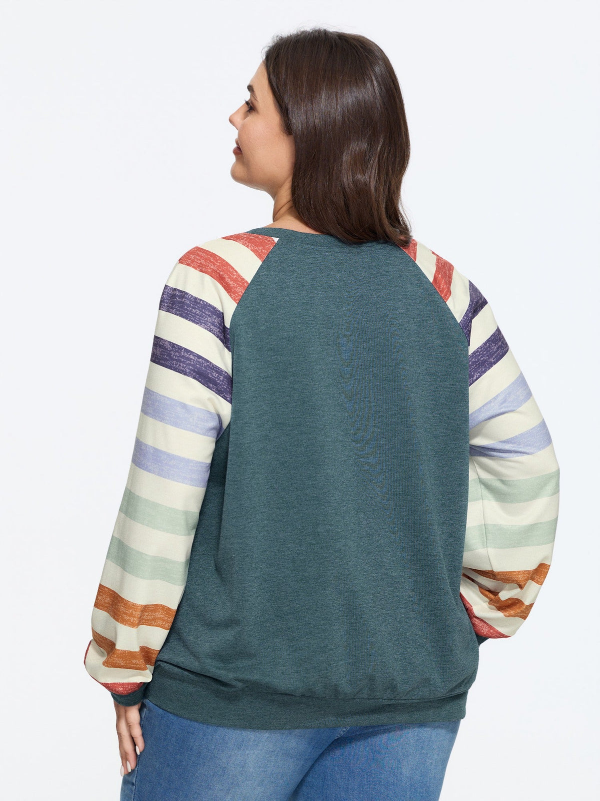 Supersoft Colorful Striped Sleeve Criss‑Cross Stitch Sweatshirt