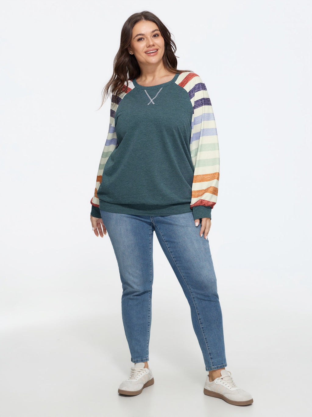 Supersoft Colorful Striped Sleeve Criss‑Cross Stitch Sweatshirt