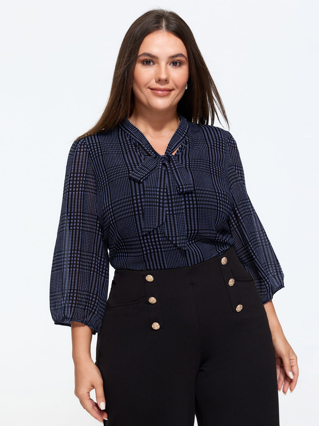 Plaid V‑Neck Bow Tie Front Blouse