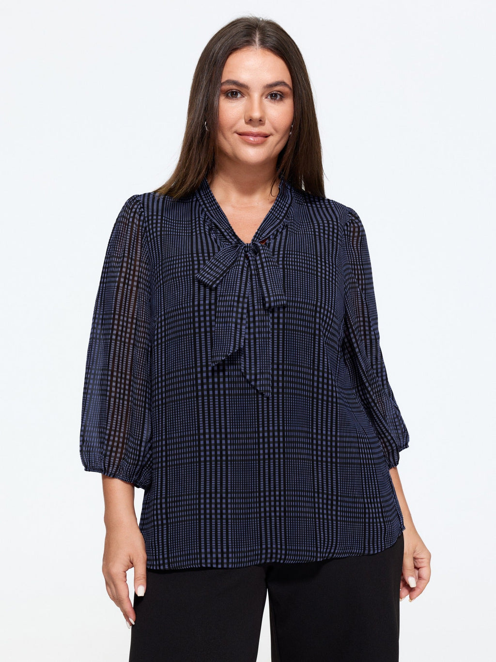 Plaid V‑Neck Bow Tie Front Blouse