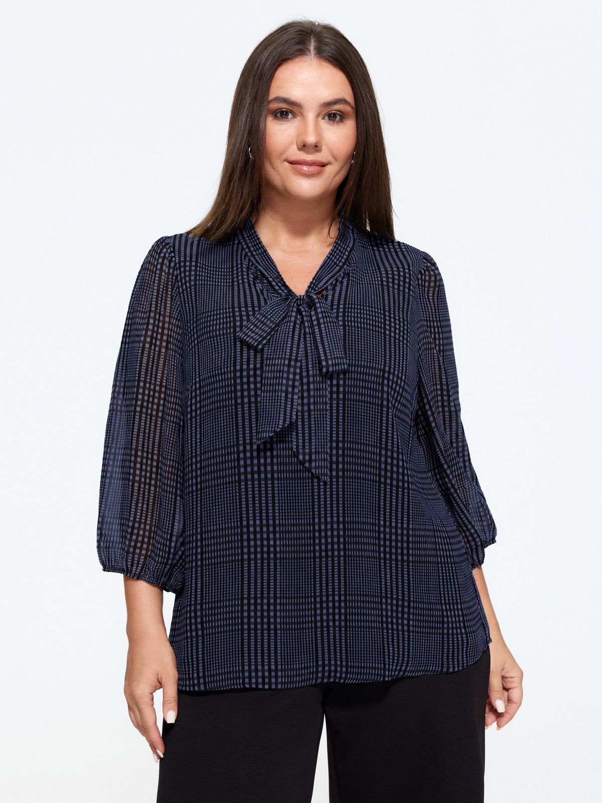Plaid V‑Neck Bow Tie Front Blouse
