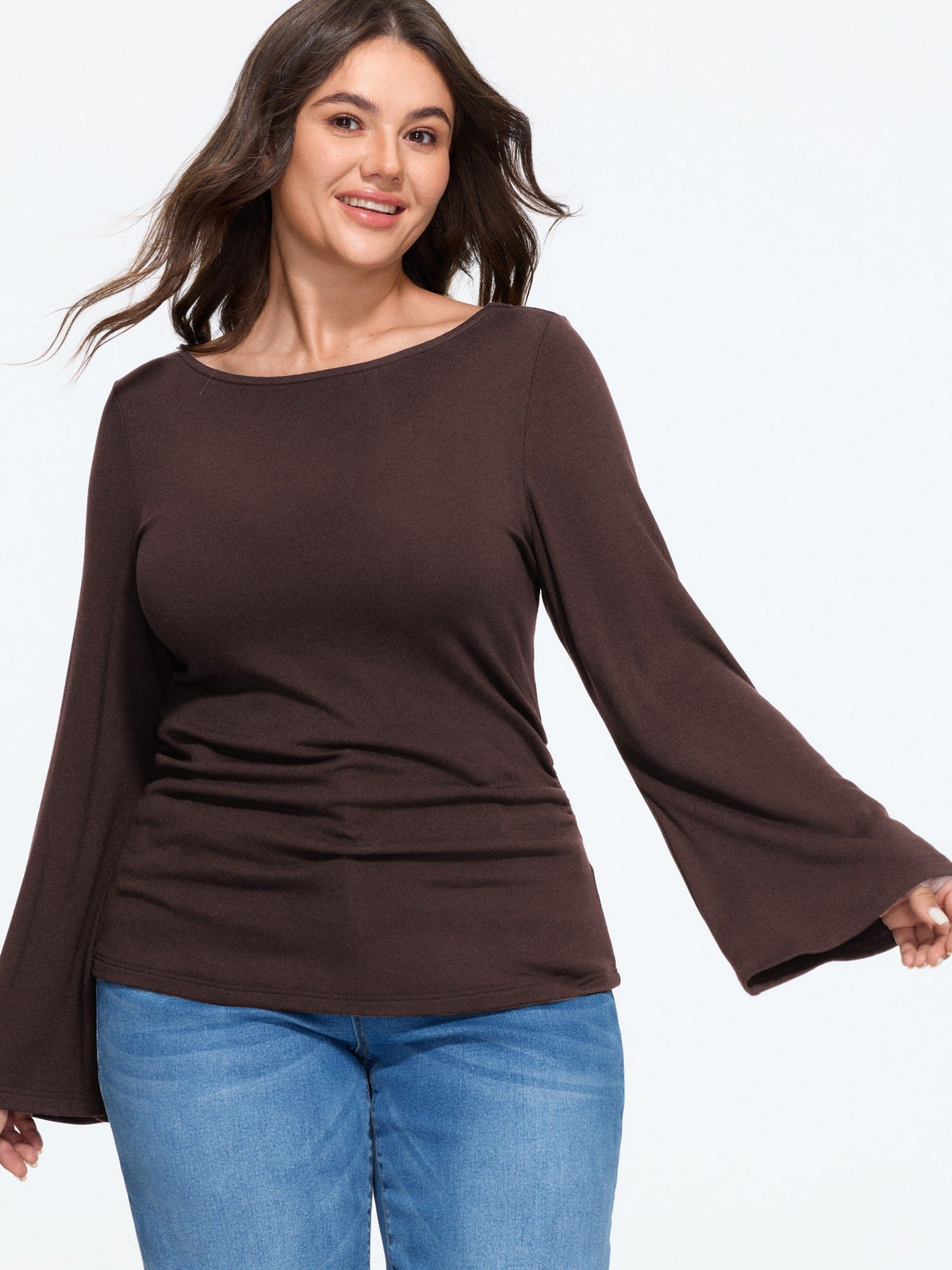 Stretchy Boat Neck Flare Sleeve Fitted T-Shirt
