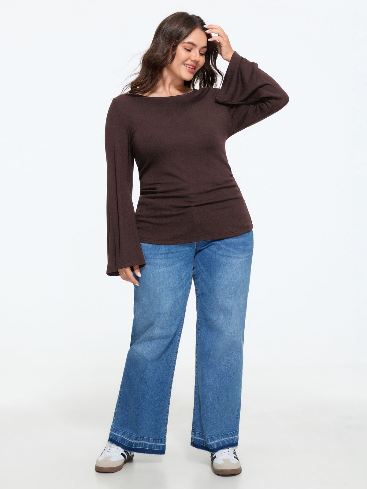 Stretchy Boat Neck Flare Sleeve Fitted T-Shirt
