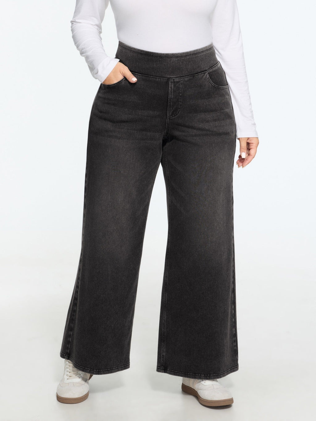 Stretchy Pull-On Wide-Leg Knit Jeans
