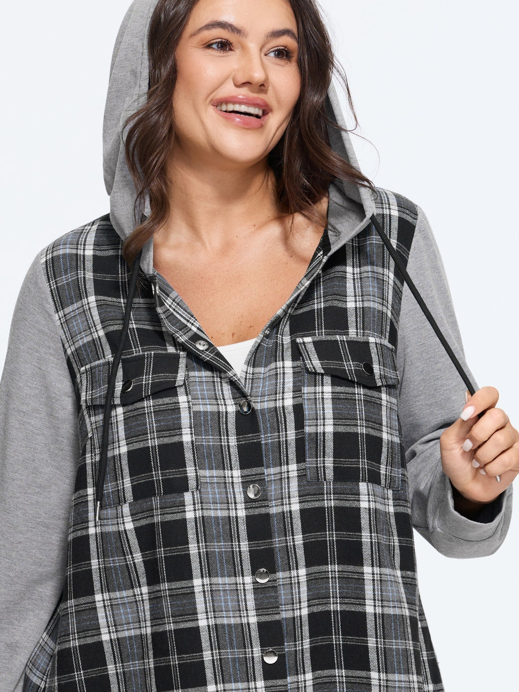 Plaid Patchwork Button Down Zipper Hoodie