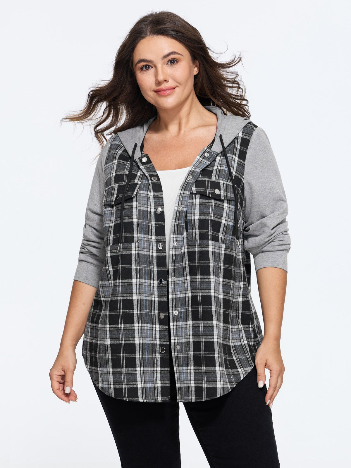 Plaid Patchwork Button Down Zipper Hoodie