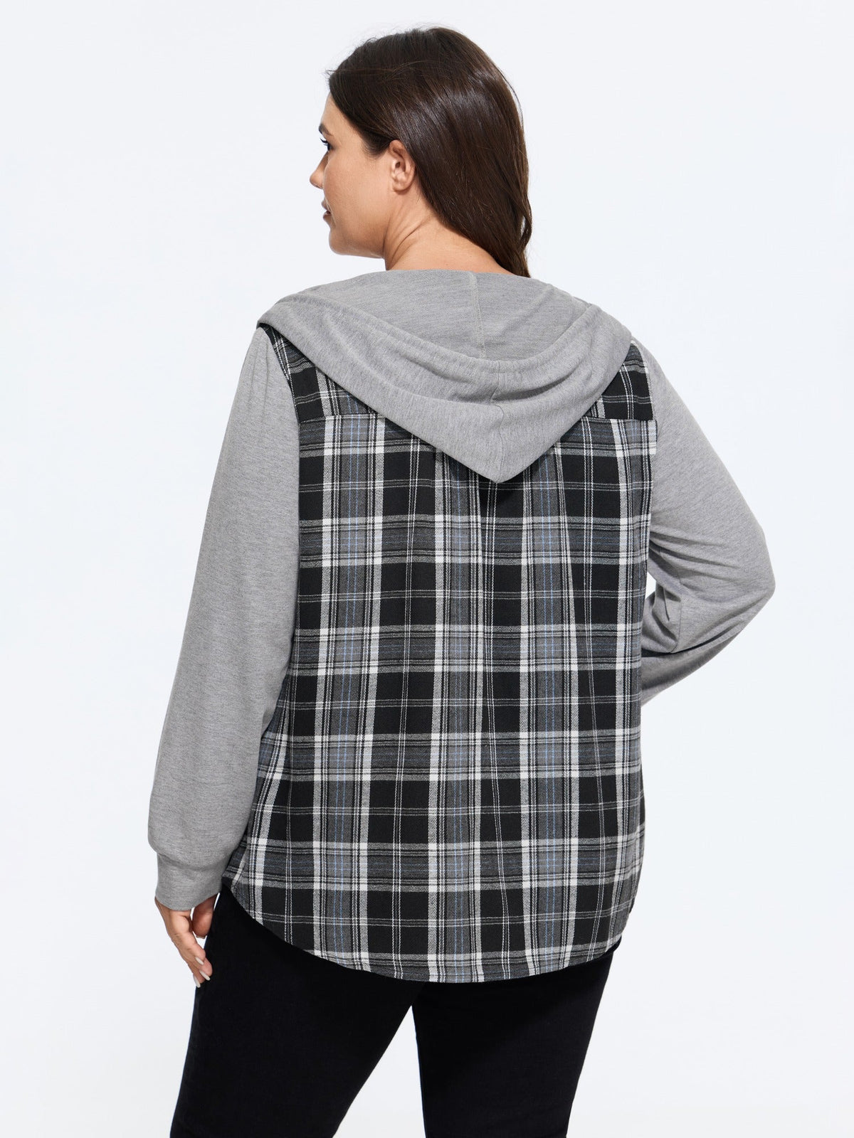 Plaid Patchwork Button Down Zipper Hoodie