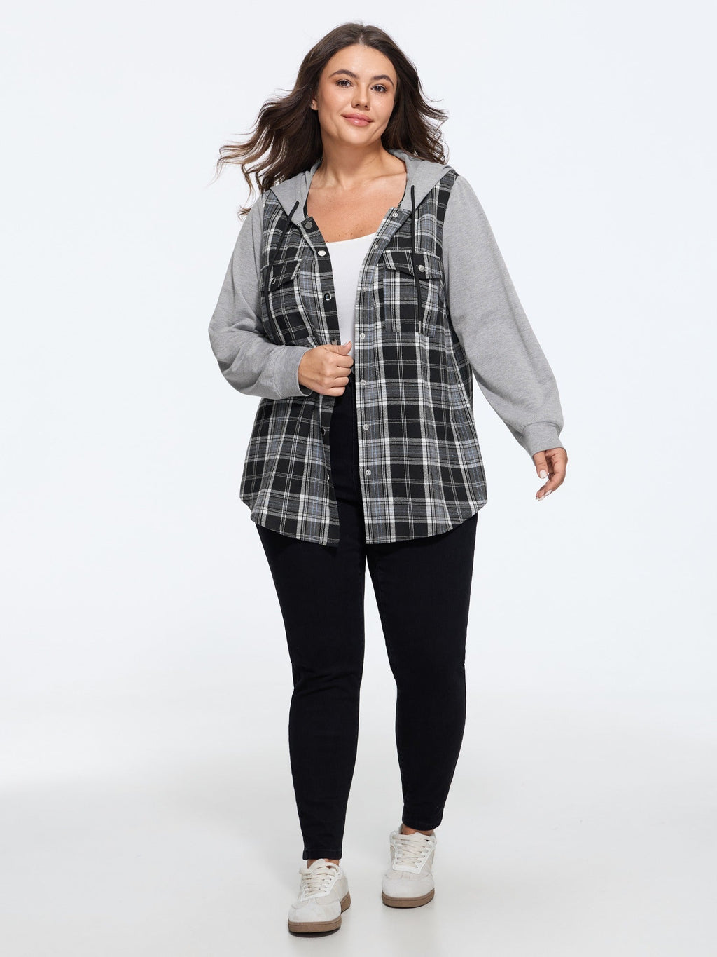 Plaid Patchwork Button Down Zipper Hoodie