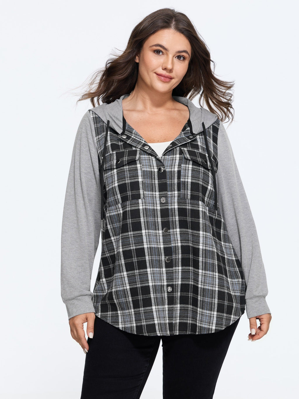 Plaid Patchwork Button Down Zipper Hoodie