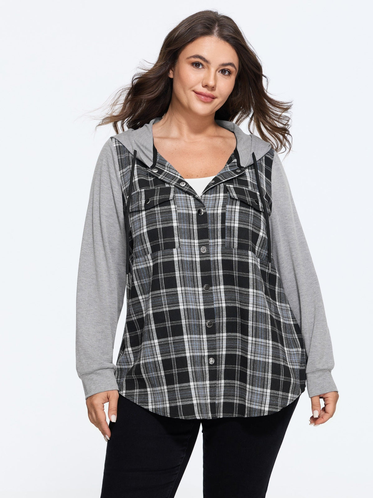 Plaid Patchwork Button Down Zipper Hoodie