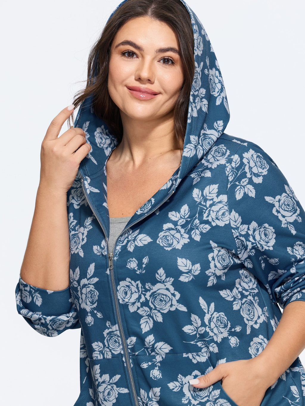 Floral Print Pocket Zipper Hoodie