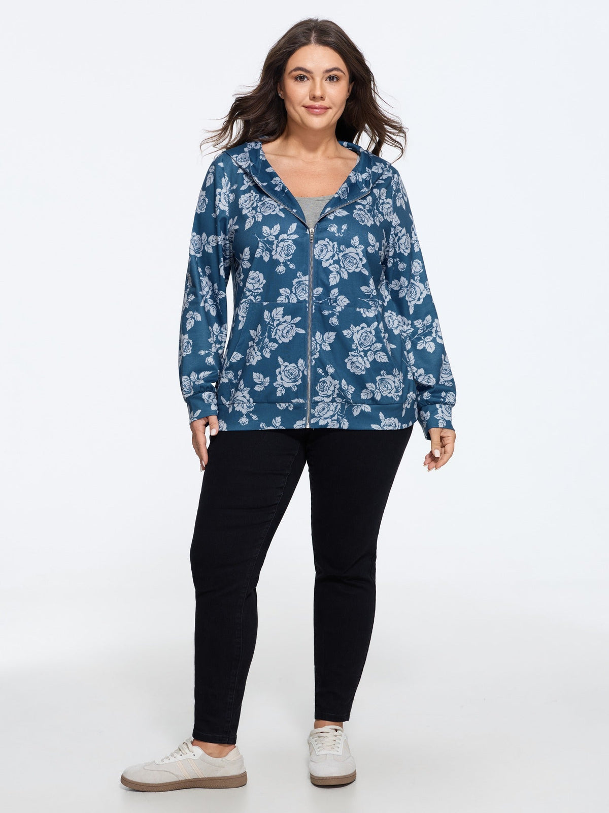 Floral Print Pocket Zipper Hoodie