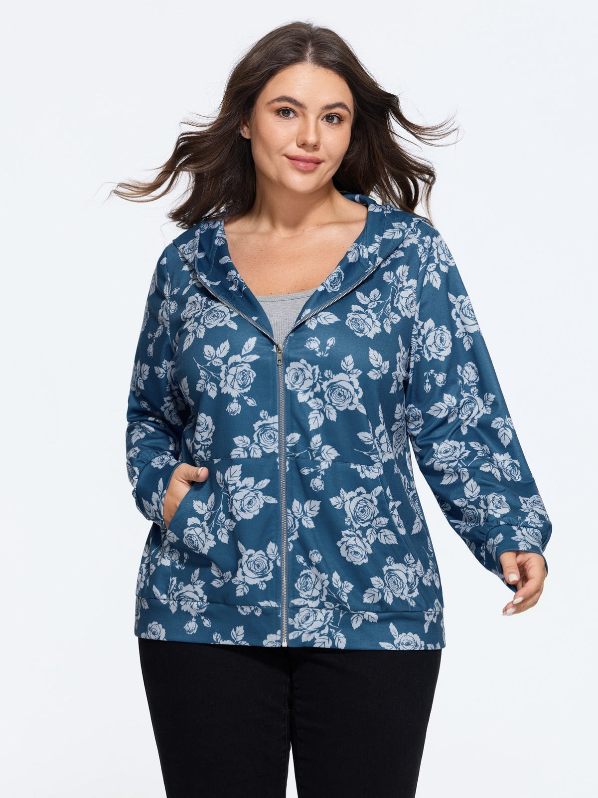 Floral Print Pocket Zipper Hoodie